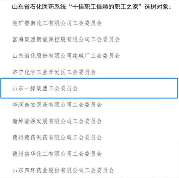 山東一滕集團工會榮獲山東省石化醫(yī)藥系統(tǒng)“十佳職工信賴的職工之家”稱號